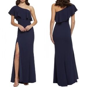 Dress the Population Frida One Shoulder Crepe Gown in Midnight Blue Side Slit